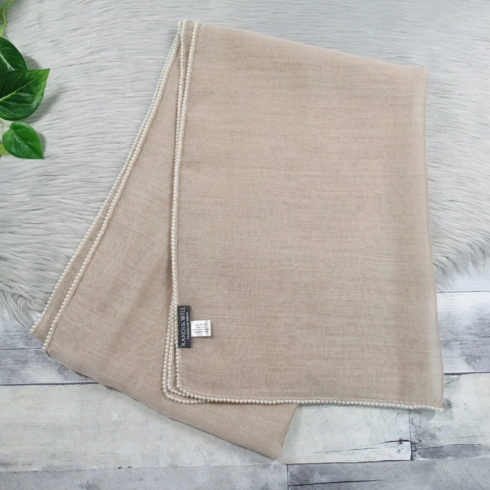 RANDI & WILL 12-Princess Latte Wool Silk Pearl Trimmed Shaw Scarf Women’s OS